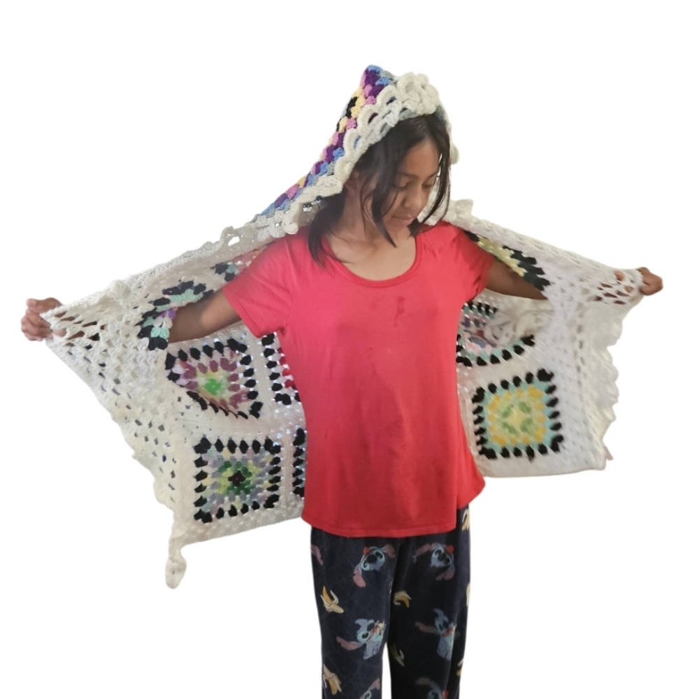Hand Crafted Crochet Granny Square Cardigan open front Hooded Colorfull Sweater - Picture 14 of 17